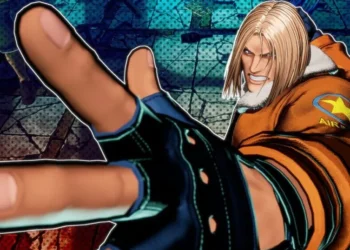 Fatal Fury fighting game artwork showing a blonde SNK fighter in an orange jacket reaching toward the camera in a dynamic action pose.