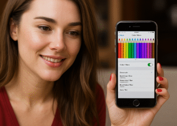 Filtros de color iPhone - Mujer sosteniendo un iPhone que muestra Ajustes > Accesibilidad con los filtros de color activados (escala de grises, rojo/verde, azul/amarillo).