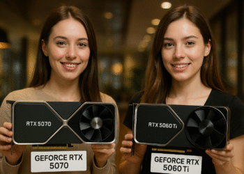 GeForce RTX 5070 vs 5060 Ti - NVIDIA GeForce RTX 5070 vs RTX 5060 Ti graphics cards side by side, showing size and cooler design for a gaming PC comparison.