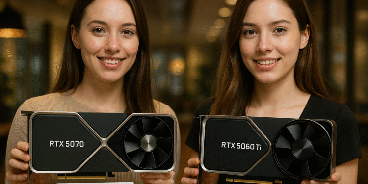 GeForce RTX 5070 vs 5060 Ti - NVIDIA GeForce RTX 5070 vs RTX 5060 Ti graphics cards side by side, showing size and cooler design for a gaming PC comparison.