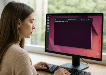 Gestores de archivos comprimidos en Linux - Persona usando un escritorio Linux con la terminal abierta, ejemplo de gestores de archivos comprimidos en Linux para manejar ZIP, TAR y GZ.