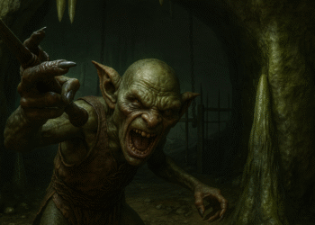 Guerras goblin de Oblivion: goblin agresivo en cueva oscura, gritando y atacando con lanza entre estalagmitas, cadenas y barrotes.
