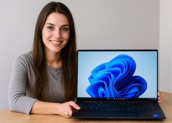HP EliteBook Ultra G1i laptop running Windows 11, shown by a smiling user at a desk, featuring a slim, thin‑bezel display and sleek ultrabook design.
