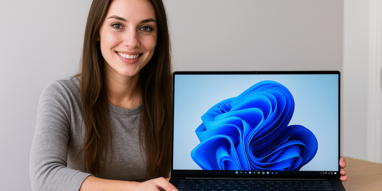 HP EliteBook Ultra G1i laptop running Windows 11, shown by a smiling user at a desk, featuring a slim, thin‑bezel display and sleek ultrabook design.