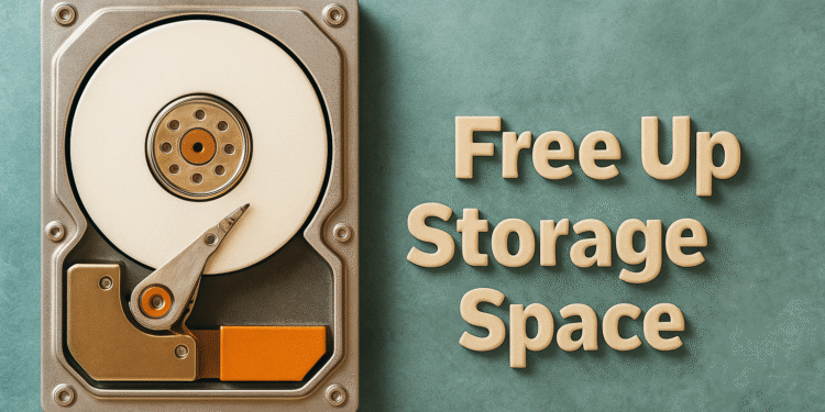 Limpiar WinSxS en Windows 11 ahora - Disco duro con texto "Free Up Storage Space"; cómo limpiar la carpeta WinSxS en Windows 11 para liberar espacio de almacenamiento.