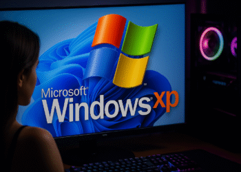 Modo compatibilidad Windows 11: monitor con Windows 11 mostrando el logo de Windows XP, ilustrando ejecutar programas antiguos en PC.