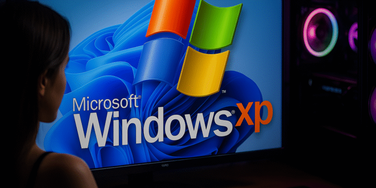Modo compatibilidad Windows 11: monitor con Windows 11 mostrando el logo de Windows XP, ilustrando ejecutar programas antiguos en PC.