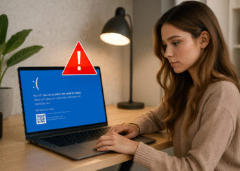 Notificaciones de Windows - Persona usando portátil con notificaciones de Windows: pantalla azul de error (BSOD) y icono de alerta rojo, fallo del sistema que requiere reiniciar el PC.