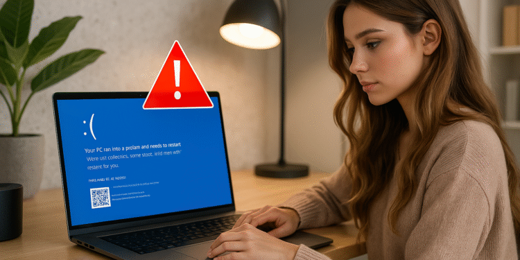 Notificaciones de Windows - Persona usando portátil con notificaciones de Windows: pantalla azul de error (BSOD) y icono de alerta rojo, fallo del sistema que requiere reiniciar el PC.
