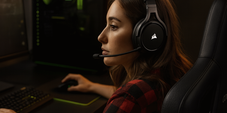Optimización del controlador de gráficos - Jugadora de PC con auriculares frente a un equipo gaming, optimizando el controlador de gráficos y la configuración de la GPU para mejorar FPS y rendimiento.