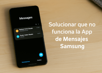 Samsung Messages app on Android phone in dark mode, showing conversations and a guide to fix Samsung Messages not working.