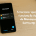 Samsung Messages app on Android phone in dark mode, showing conversations and a guide to fix Samsung Messages not working.