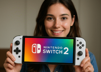 Switch 2 vs Switch 1 - Person holding a white Nintendo Switch 2 handheld with the logo on screen, illustrating a Switch 2 vs Switch 1 design comparison.