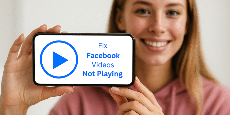 Videos en Facebook - Mujer sosteniendo un smartphone con mensaje de solución: cómo arreglar videos en Facebook que no se reproducen o no cargan.