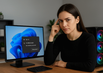 Wi-Fi conectado pero sin internet: mujer en escritorio junto a PC Windows 11 con alerta "No internet, secured"; tutorial en 4 pasos para arreglar la conexión.