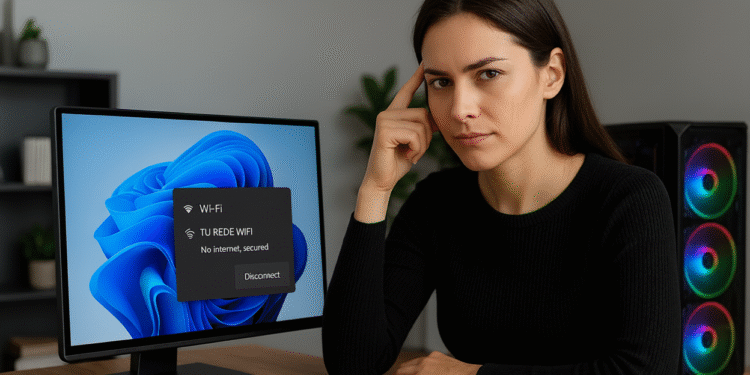 Wi-Fi conectado pero sin internet: mujer en escritorio junto a PC Windows 11 con alerta "No internet, secured"; tutorial en 4 pasos para arreglar la conexión.