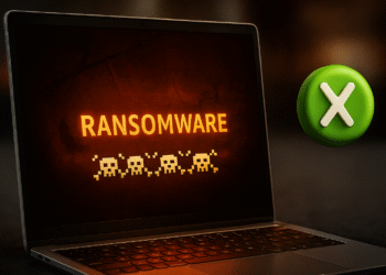 Acceso Controlado a Carpetas: protección contra ransomware en Windows; portátil con aviso "RANSOMWARE" y un icono verde que indica bloqueo de cambios no autorizados.