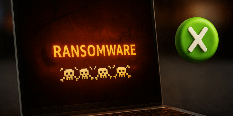 Acceso Controlado a Carpetas: protección contra ransomware en Windows; portátil con aviso "RANSOMWARE" y un icono verde que indica bloqueo de cambios no autorizados.