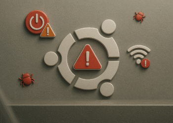 Arreglar Ubuntu - Logo de Ubuntu con triángulo de alerta e iconos de Wi‑Fi, energía y bugs, para arreglar Ubuntu y solucionar errores.