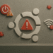 Arreglar Ubuntu - Logo de Ubuntu con triángulo de alerta e iconos de Wi‑Fi, energía y bugs, para arreglar Ubuntu y solucionar errores.