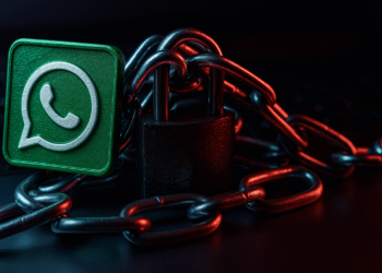 Blindar WhatsApp: logo de WhatsApp sujeto con cadena y candado, símbolo de seguridad, cifrado y privacidad para proteger chats con verificación en dos pasos.