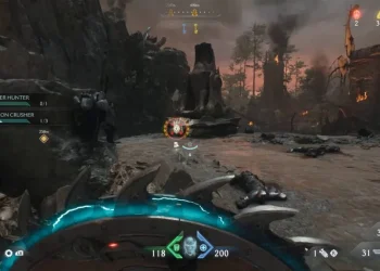 Cañones Doom The Dark Ages - Gameplay de Doom: The Dark Ages; el Slayer en primera persona avanza entre ruinas ardientes y cañones medievales con el escudo‑sierra activo.