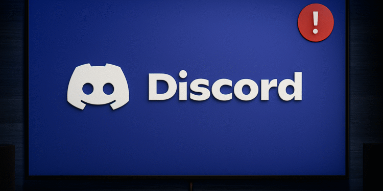 Error No Route en Discord - Discord logo on a blue screen with a red exclamation notification badge, suggesting a chat app alert or issue on a desktop monitor.
