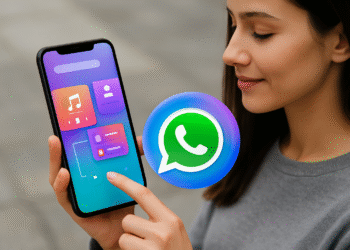 Círculo azul Meta AI - Usuario usando un smartphone; interfaz de apps colorida y logotipo de WhatsApp dentro de un círculo azul estilo Meta AI, concepto de mensajería con IA.