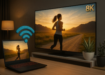Conectar PC a Smart TV: portátil transmite por Wi‑Fi a televisor 8K, duplicando la pantalla y reproduciendo video en casa.