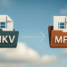 Convertir MKV a MP4: iconos de carpetas MKV y MP4 con flecha de conversión, guía para pasar videos a MP4 sin pérdida de calidad.
