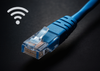 Domina Cables CAT Ethernet RJ45 cable close-up, blue high-speed LAN network cord on dark background for reliable wired internet connection.
