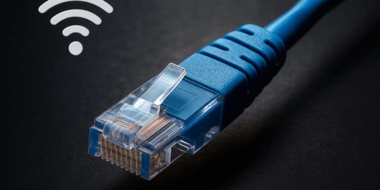 Domina Cables CAT Ethernet RJ45 cable close-up, blue high-speed LAN network cord on dark background for reliable wired internet connection.