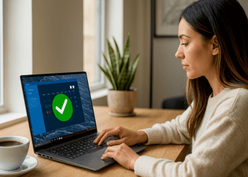 Funciones Ocultas Windows - Mujer usando portátil con Windows 11, explorando funciones ocultas de Windows, atajos y trucos; calendario y check en pantalla, trabajo en casa.