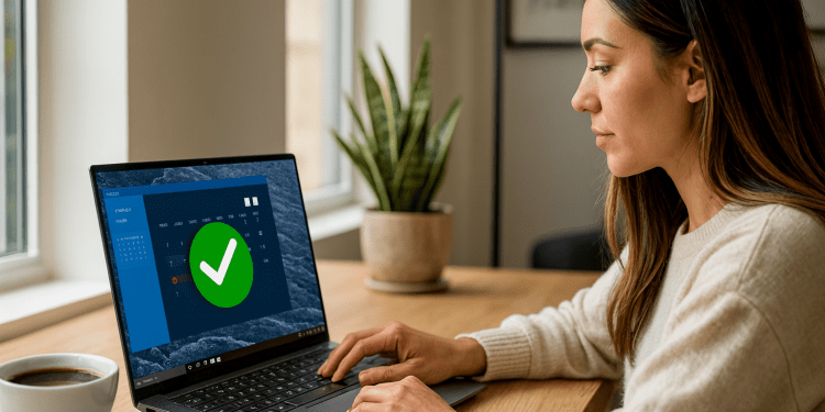 Funciones Ocultas Windows - Mujer usando portátil con Windows 11, explorando funciones ocultas de Windows, atajos y trucos; calendario y check en pantalla, trabajo en casa.