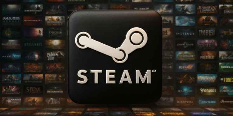 Mover juegos Steam: logo de Steam sobre fondo de biblioteca, guía para transferir juegos a otra carpeta o disco en PC.