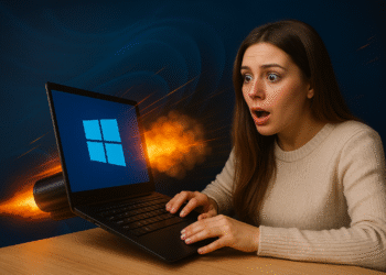 Servicios Windows 11: mujer sorprendida usando portátil con logotipo de Windows y efecto de propulsión, simbolizando optimización y aceleración del rendimiento.