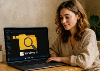 Vista previa Windows 11 en portátil: Explorador de archivos en modo oscuro con carpeta y lupa; mujer usando su PC en un escritorio doméstico.