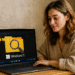 Vista previa Windows 11 en portátil: Explorador de archivos en modo oscuro con carpeta y lupa; mujer usando su PC en un escritorio doméstico.