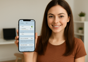 iPhone no se conecta a WiFi: mujer mostrando los ajustes de Wi‑Fi en iOS para solucionar problemas de conexión a la red inalámbrica en casa.
