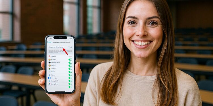 Actualización en segundo plano . Mujer joven en un aula mostrando en su iPhone la opción de "Actualización en segundo plano" activada en la configuración de aplicaciones.
