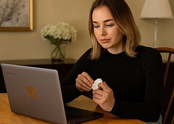 Cómo emparejar AirPods con Chromebook: persona abre el estuche de AirPods y los conecta por Bluetooth a un portátil HP.