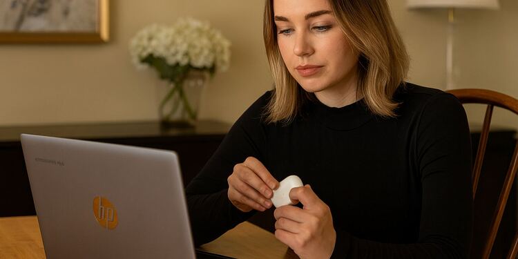 Cómo emparejar AirPods con Chromebook: persona abre el estuche de AirPods y los conecta por Bluetooth a un portátil HP.