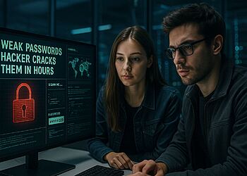 Contraseñas débiles - Dos especialistas en ciberseguridad observan una pantalla con el mensaje "Weak passwords, hacker cracks them in hours", ilustrando cómo las contraseñas débiles son vulnerables y fáciles de hackear en pocas horas.