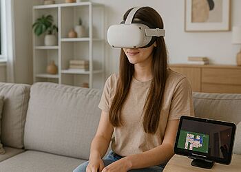 Control cerebral Apple - Mujer joven usando visor de realidad virtual en el sofá mientras controla una tablet con la mente, ilustrando el nuevo BCI menos invasivo de Apple para control cerebral.