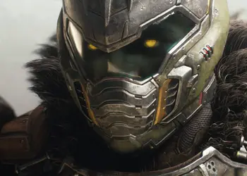 Duración Doom The Dark Ages - Close-up of a futuristic armored warrior wearing a detailed helmet with glowing yellow eyes and fur-lined shoulder armor from the video game Doom The Dark Ages.