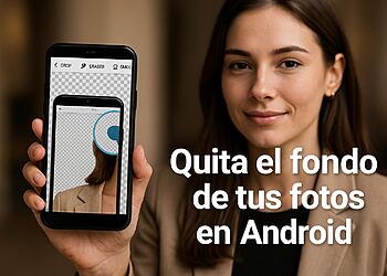 Eliminar fondo Android - Mujer sosteniendo un smartphone Android con una app que elimina el fondo, mostrando cómo quitar el fondo de las fotos en Android.