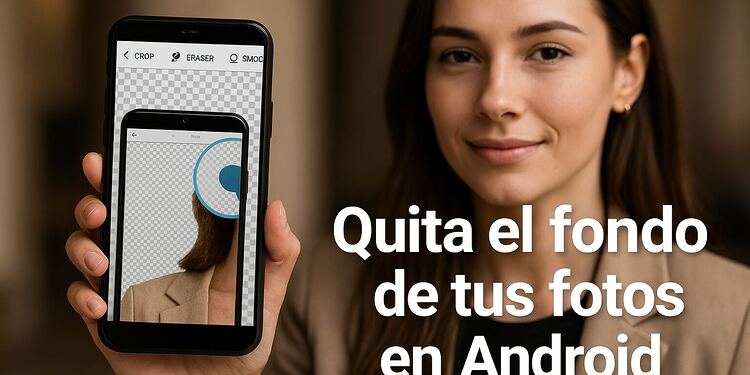 Eliminar fondo Android - Mujer sosteniendo un smartphone Android con una app que elimina el fondo, mostrando cómo quitar el fondo de las fotos en Android.