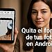 Eliminar fondo Android - Mujer sosteniendo un smartphone Android con una app que elimina el fondo, mostrando cómo quitar el fondo de las fotos en Android.