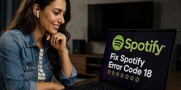 Error 18 Spotify - Mujer usando auriculares mirando su laptop con pantalla de Spotify que muestra el mensaje "Fix Spotify Error Code 18", ilustrando una solución rápida al error 18 de Spotify en Windows.