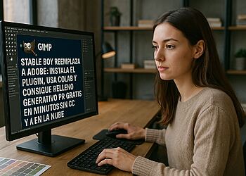 GIMP Stable Boy - User at a desk working in GIMP; screen shows GIMP Stable Boy plugin tutorial in Spanish for free generative fill-an open‑source Adobe alternative.